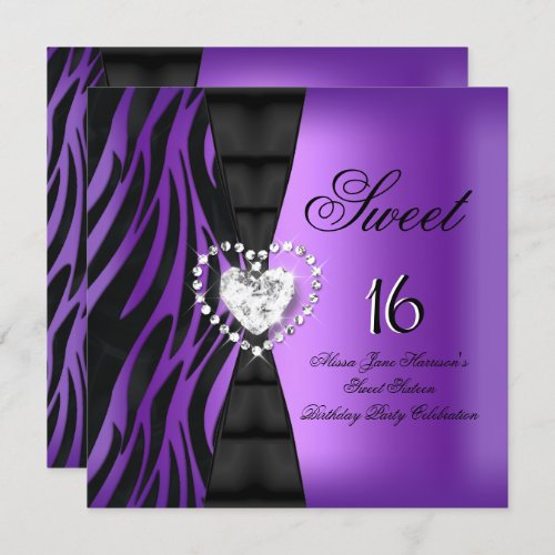 Sweet 16 Sixteen Birthday Party Zebra Purple Invitation