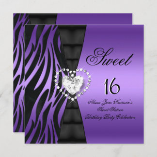 Sweet 16 Sixteen Birthday Party Zebra Purple Invitation