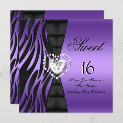 Sweet 16 Sixteen Birthday Party Zebra Purple Invitation