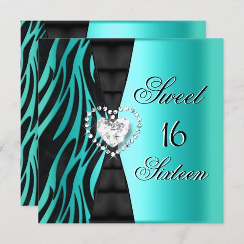 Sweet 16 Sixteen Birthday Party Zebra Teal Blue Invitation