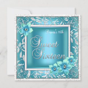 Sweet 16 Sixteen Birthday Teal Blue Flower Silver Invitation