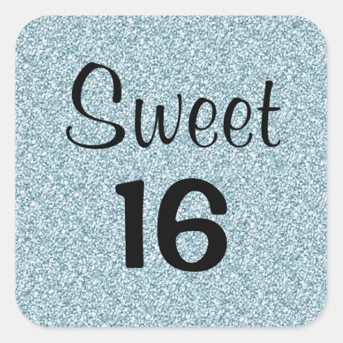 Sweet 16 Sixteen Black Blue Silver Glitter Sparkle Square Sticker