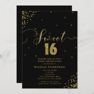 SWEET 16 Sixteen Black & Gold Confetti Corners Invitation