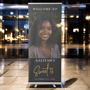 Sweet 16 Sixteen Black Gold Minimalist Birthday Retractable Banner
