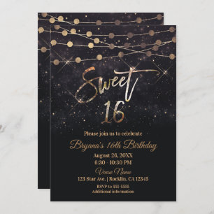 Sweet 16 Sixteen Black & Gold Sparkle Lights Invitation