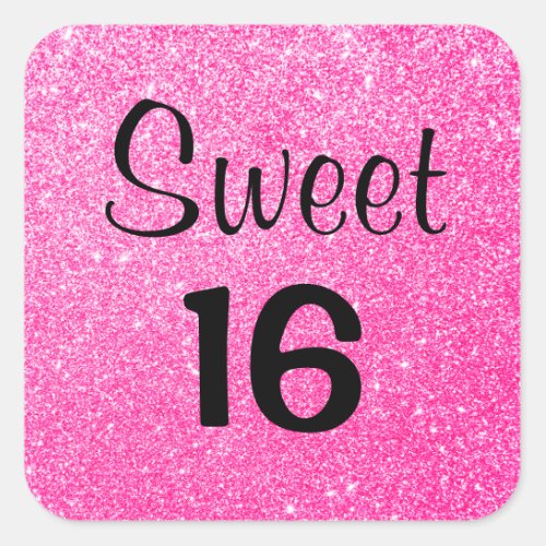 Sweet 16 Sixteen Black  Hot Pink Glitter Sparkle Square Sticker