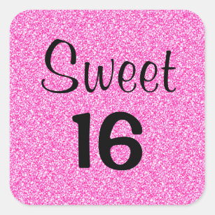 Sweet 16 Sixteen Black & Hot Pink Glitter Sparkle Square Sticker