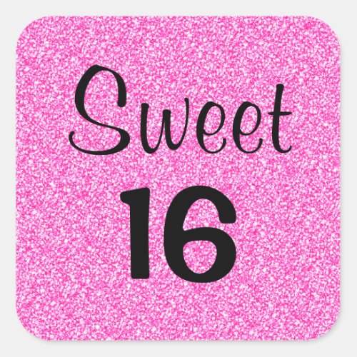 Sweet 16 Sixteen Black  Hot Pink Glitter Sparkle Square Sticker