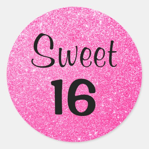 Sweet 16 Sixteen Black  Hot Pink Glitter Sparkles Classic Round Sticker