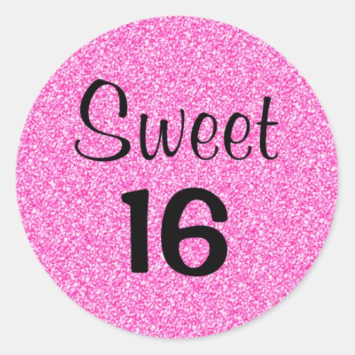 Sweet 16 Sixteen Black  Hot Pink Glitter Sparkles Classic Round Sticker