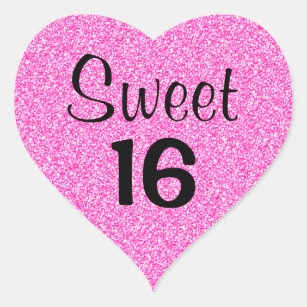 Sweet 16 Sixteen Black & Hot Pink Glitter Sparkles Heart Sticker