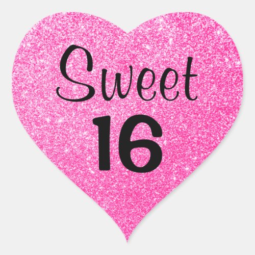 Sweet 16 Sixteen Black  Hot Pink Glitter Sparkles Heart Sticker