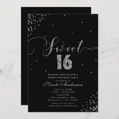 SWEET 16 Sixteen Black  Silver Confetti Corner Invitation