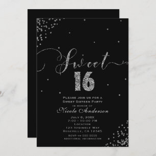 SWEET 16 Sixteen Black & Silver Confetti Corner Invitation