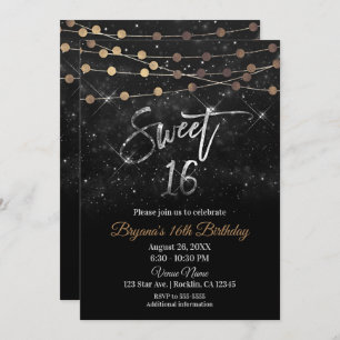 Sweet 16 Sixteen Black Silver Gold Sparkle Lights Invitation