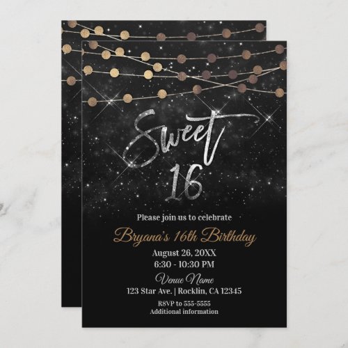 Sweet 16 Sixteen Black Silver Gold Sparkle Lights Invitation