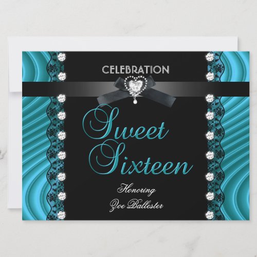 Sweet 16 Sixteen Black Teal Blue White Lace Invitation