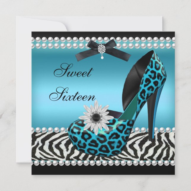 Sweet 16 Sixteen Blue Black Zebra Leopard Invitation (Front)