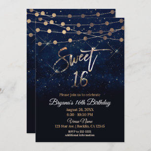 Sweet 16 Sixteen Blue & Gold Sparkle Lights Invitation