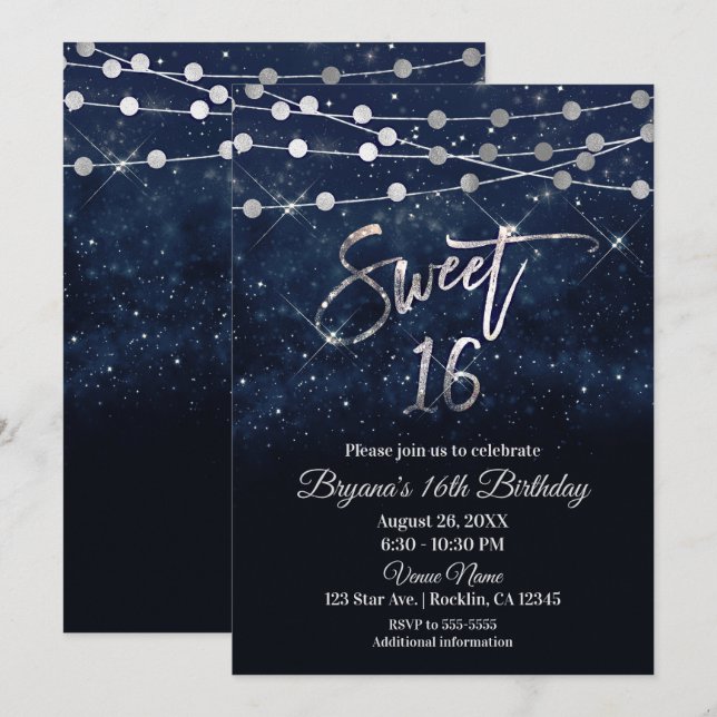 Sweet 16 Sixteen Blue & Silver Sparkle Lights Invitation (Front/Back)