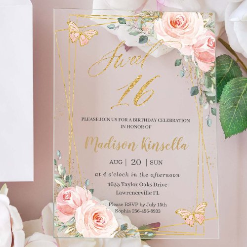 Sweet 16 Sixteen Blush Pink Floral Butterflies Acrylic Invitations