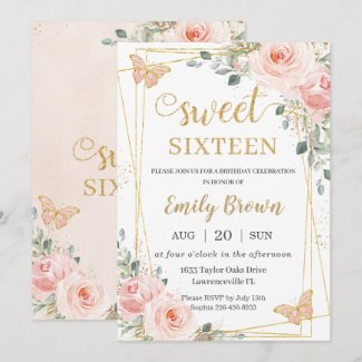 Sweet 16 Sixteen Blush Pink Floral Butterflies Inv Invitation
