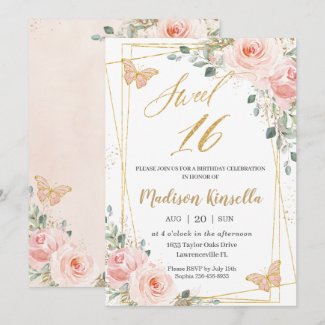 Sweet 16 Sixteen Blush Pink Floral Butterflies Invitation