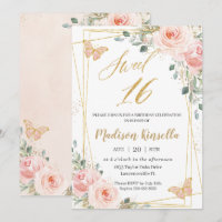 Sweet 16 Sixteen Blush Pink Floral Butterflies