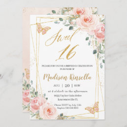 Sweet 16 Sixteen Blush Pink Floral Butterflies Invitation