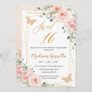 Sweet 16 Sixteen Blush Pink Floral Butterflies Invitation