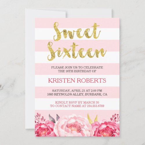 Sweet 16 Sixteen Blush Pink Floral God Glitter Invitation