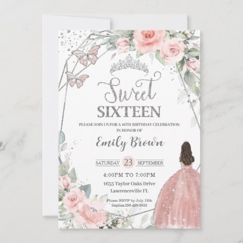 Sweet 16 Sixteen Blush Pink Floral Silver Birthday