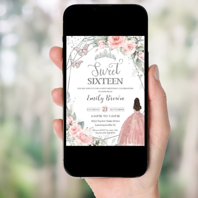 Sweet 16 Sixteen Blush Pink Floral Silver Birthday Invitation (Front Digital)
