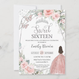 Sweet 16 Sixteen Blush Pink Floral Silver Birthday Invitation