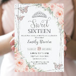 Sweet 16 Sixteen Blush Pink Floral Silver Birthday Invitation<br><div class="desc">Personalize this lovely Sweet 16 Birthday invitation with own wording easily and quickly,  simply press the customize it button to further re-arrange and format the style and placement of the text.  Matching items available in store!  (c) The Happy Cat Studio</div>
