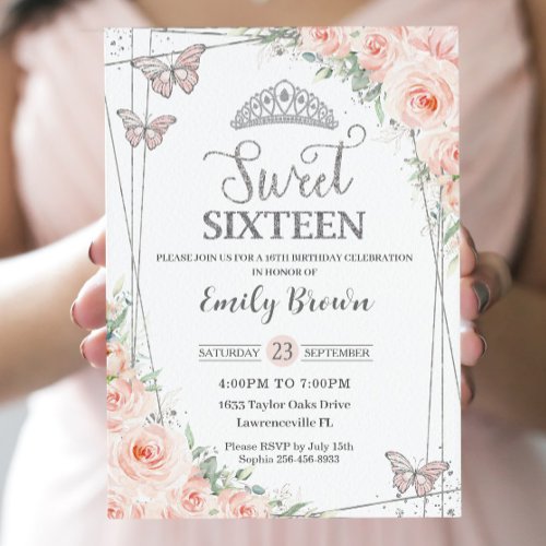 Sweet 16 Sixteen Blush Pink Floral Silver Birthday Invitation