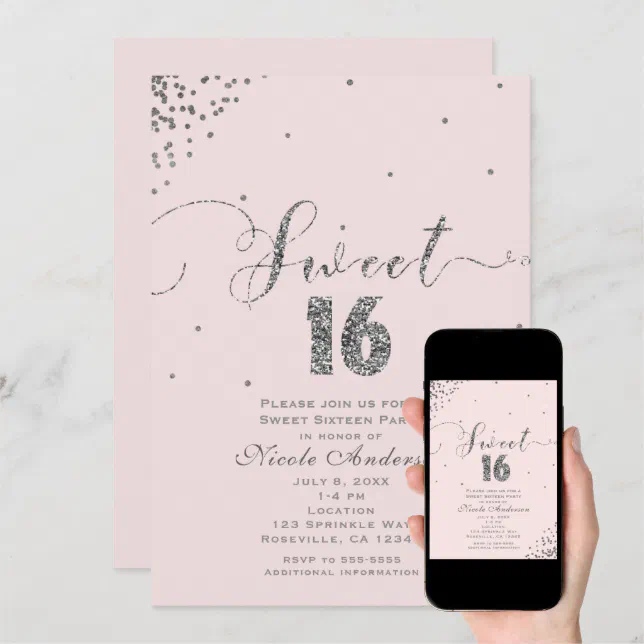Sweet 16 Sixteen Blush Pink Silver Confetti Corner Invitation Zazzle