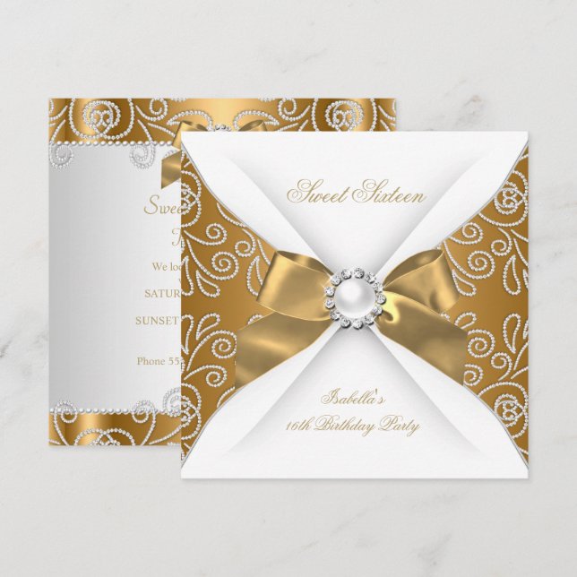 Sweet 16 Sixteen Bronze Gold Faux Diamond Party Invitation (Front/Back)