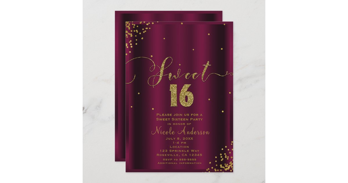 Sweet 16 Sixteen Burgundy And Gold Confetti Corners Invitation Zazzle