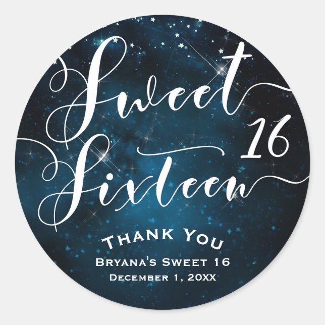 SWEET 16 Sixteen Celestial Starry Sky Party Favor Classic Round Sticker (Front)