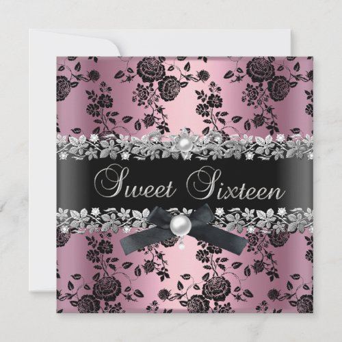 Sweet 16 Sixteen Damask Pink Black Silver Floral Invitation