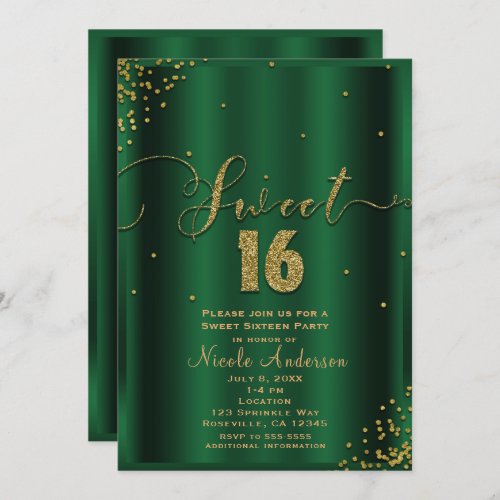 SWEET 16 Sixteen Emerald  Gold Confetti Corners Invitation