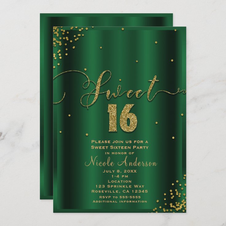 Sweet 16 Sixteen Emerald And Gold Confetti Corners Invitation Zazzle