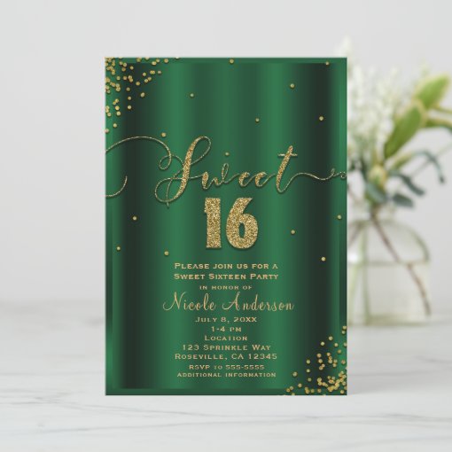 Sweet 16 Sixteen Emerald And Gold Confetti Corners Invitation Zazzle