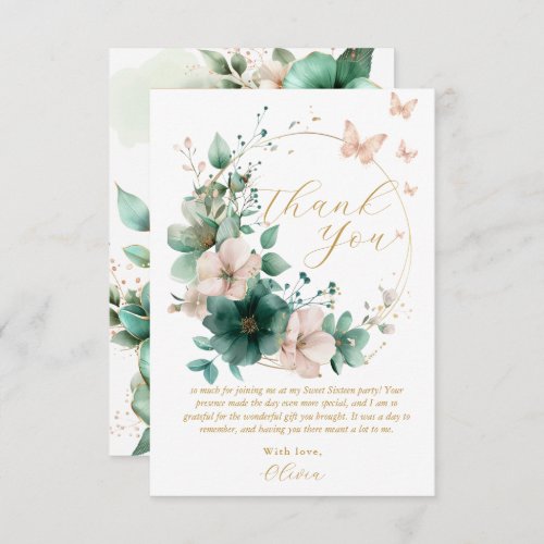 Sweet 16 Sixteen Emerald Green Floral Butterflies Thank You Card