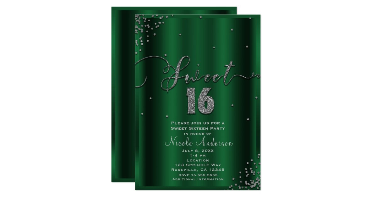 Sweet 16 Sixteen Emerald And Silver Confetti Corners Invitation