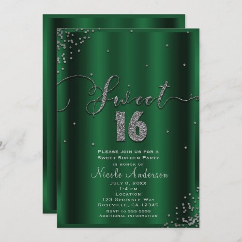 SWEET 16 Sixteen Emerald  Silver Confetti Corners Invitation