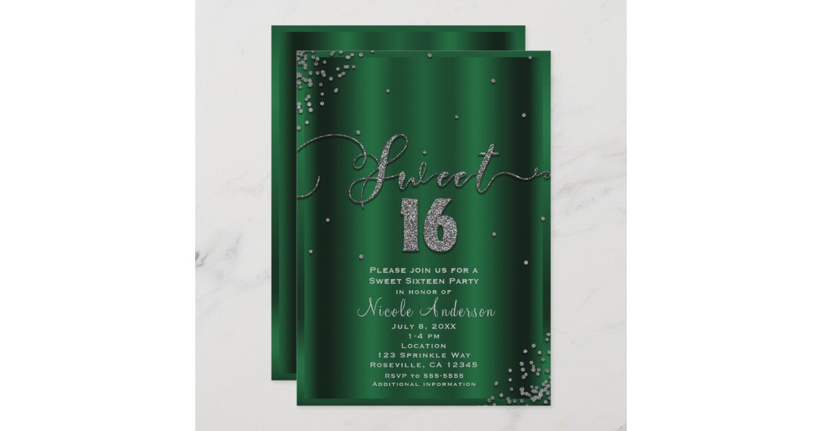 Sweet 16 Sixteen Emerald And Silver Confetti Corners Invitation Zazzle