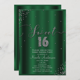 SWEET 16 Sixteen Emerald & Silver Confetti Corners Invitation