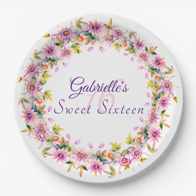 Sweet 16 Sixteen Floral Birthday  Paper Plates (Front)